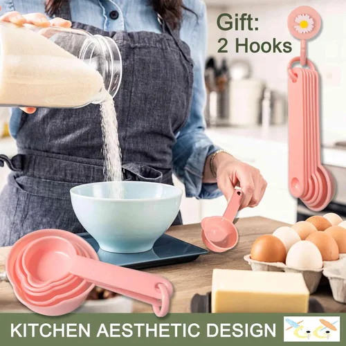 Vista 4 de Juego de 11 tazas medidoras y cucharas medidoras rosadas, bonita cucharada de plástico precisa, herramientas de medición de ingredientes de cocina