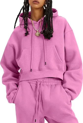 Vista 13 de COZYPOIN Conjunto de 2 piezas de forro polar para mujer, sudadera corta y pantalones con capucha Beige