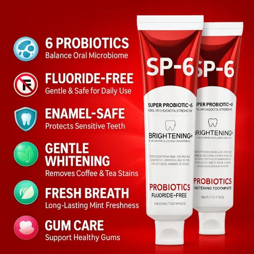Vista 2 de SP6 - Pasta dental blanqueadora probiótica, paquete de 2, pasta de dientes sin flúor para dientes sensibles, elimina las manchas de café y té