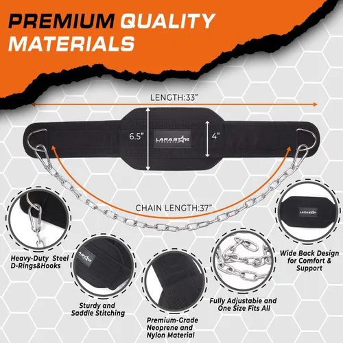 Vista 2 de LARA STAR Dip Belt for Weightlifting, Weight Belt for Pull-Ups, Powerlifting, Squats, and Bodybuilding – Heavy-Duty Steel Chain, Neoprene Support