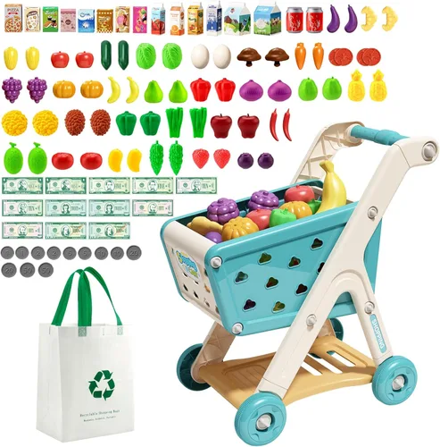Jovow Set de Juguetes de Carrito de Compras de 102 Piezas para Niños con Comida y Accesorios de Simulación, Perfecto para Edades de 3+ para Juegos