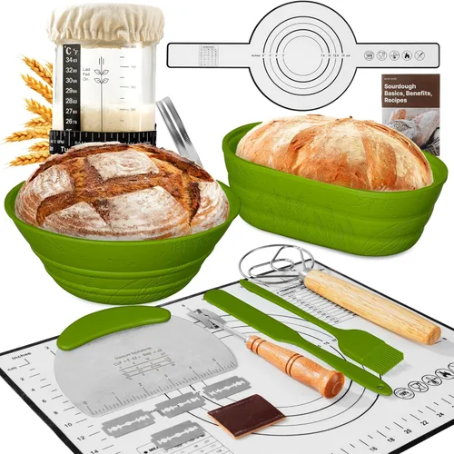 Vista 13 de Kit de inicio de masa madre con tarro – Suministros completos para hornear pan de masa madre para principiantes, incluye 2 canastas de fermentación
