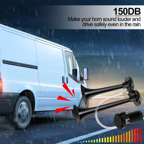 Vista 6 de Paquete de 2 bocinas de aire ruidosas de 12 V 150 dB para camiones, barcos, automóviles con compresor de aire y arnés de cable, bocina de tren Negro