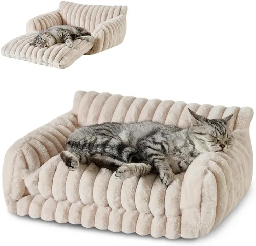 Vista 36 de Hollypet Cama para gatos, mullida, multifuncional, de doble capa, suave para mascotas, sofá ortopédico para gatos y perros pequeños, color beige
