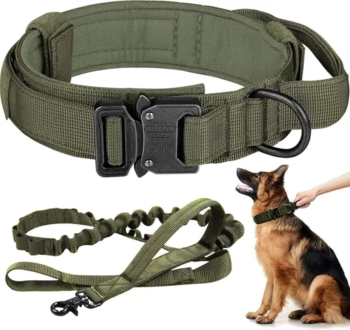 Juego de collar y correa táctico para perro, collar militar resistente con asa y hebilla de metal para perros medianos y grandes (verde militar, M)