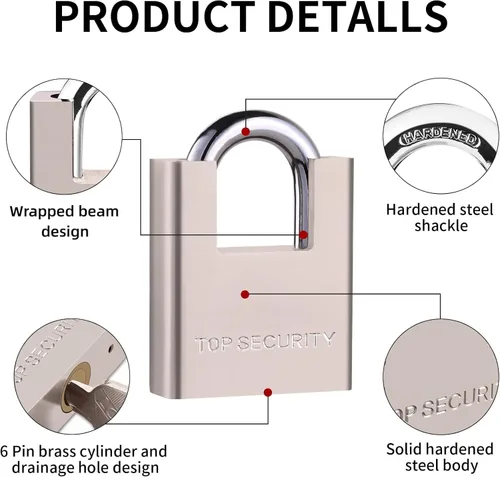 Vista 6 de AMMIY Locks with 4 Keys，Keyed Alike Heavy Duty Pad Lock，Outdoor Solid Brass Keyed Padlock, High Security Wraped Beam Padlock with Key for Gate Lock