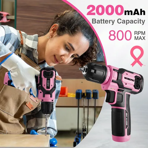 Vista 7 de WORKPRO Juego de taladro eléctrico rosa, juego de taladro inalámbrico de 8V con juego de brocas de 53 piezas, kit de taladro inalámbrico eléctrico