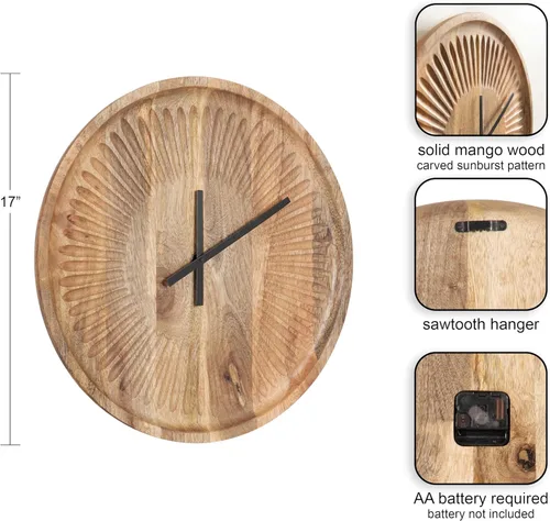 Vista 2 de Kate and Laurel Grear Modern - Reloj de pared redondo sin números, 17 pulgadas de diámetro, madera natural, reloj decorativo de madera tallada