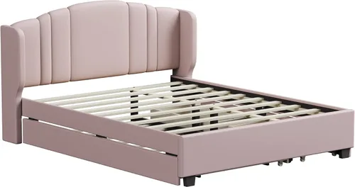 Vista 49 de Elegante cama con plataforma tapizada de terciopelo de tamaño Queen con cabecero, para niños, niñas y adolescentes (beige @cabecero/, Queen)