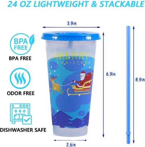 Vista 3 de Vasos navideños que cambian de color con tapas y popotes, paquete de 5 vasos reutilizables de 24 onzas con tapas y popotes, vasos de plástico