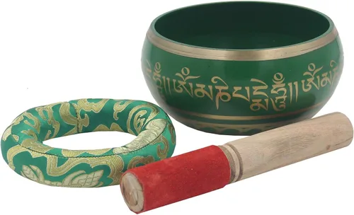 Vista 2 de DharmaObjects Juego completo de cuenco tibetano de meditación Om Mani Padme Hum (XL, verde)