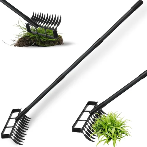 Herramienta de jardín con estribo y mango ajustable de acero inoxidable de 76.8 pulgadas, azada de jardín resistente y rastrillo de 12 dientes 2 en