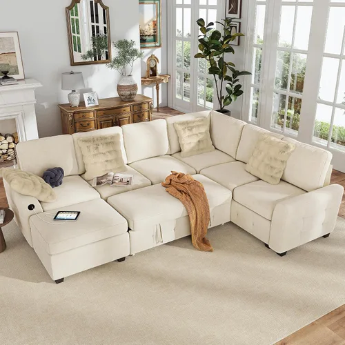 Vista 10 de Hanherry - Sofá seccional con sofá cama extraíble, sofá cama de chenilla con 2 asientos de almacenamiento y carga USB, cómodos sofás modulares