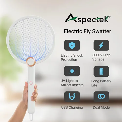 Vista 2 de ASPECTEK Matamoscas eléctrico mejorado de 3000 V para interiores y exteriores, portátil, plegable, recargable con batería mejorada, cable de carga