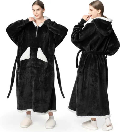 Vista 15 de Touchat - Sudadera con capucha estilo cobija, manta Sherpa de gran tamaño con bolsillo y mangas, manta con capucha súper suave, cálida y cómoda, Vino