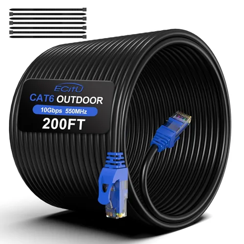 Vista 14 de Cable Ethernet Cat6 para exteriores de 20 pies, enterrado, enterramiento directo resistente, cable de conexión CCA de 24 AWG, PoE, UTP, impermeable