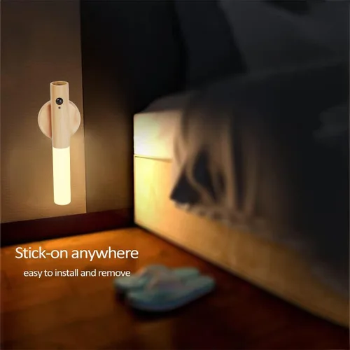 Vista 6 de LANDGOO Paquete de 2 luces nocturnas magnéticas con sensor de movimiento, juego de lámparas LED cilíndricas recargables de madera de fresno, modos