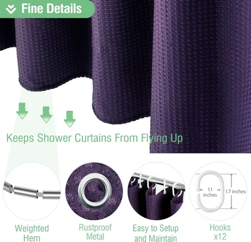 Vista 269 de Cortina de ducha de tela Dynamene verde oscuro - Cortinas de baño de tela de nido de abeja texturizadas resistentes, juego de cortinas de baño