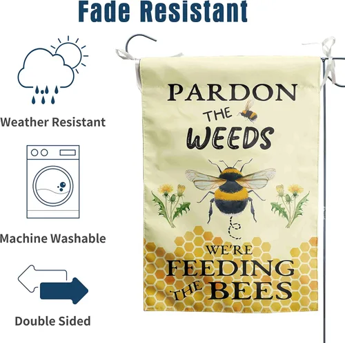 Vista 4 de Bandera de Jardín de Abeja de Verano Perdón las Malas Hierbas Estamos Alimentando a las Abejas Letrero de Patio Decoración al Aire Libre Sin Corte