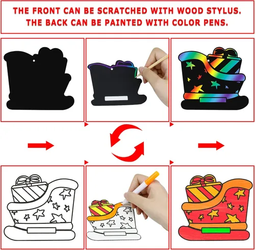 Vista 3 de Max Fun Manualidades de Navidad para niños, 96 piezas de adornos de arco iris mágico, tarjetas para raspar de papel, suministros de arte