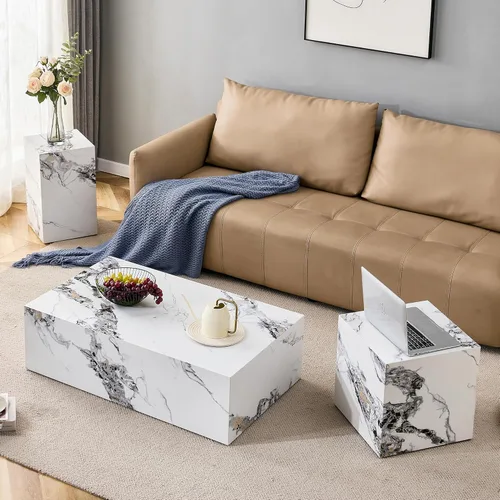 Vista 14 de Mesa de centro de mármol blanco, mesa de centro costera con patrón de mármol sintético, mesas de centro rectangulares pequeñas para sala de estar