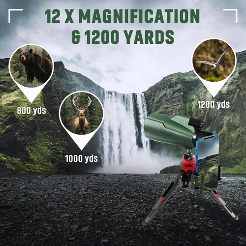 Vista 2 de Telescopio monocular para exteriores de 12 x 50 con adaptador de teléfono para observación de estrellas, observación de aves, caza