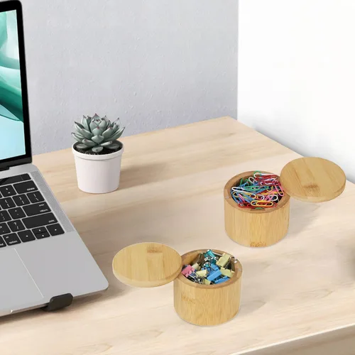 Vista 7 de Mulitbey - Soporte de clip de bambú con tapa giratoria, organizador de escritorio de madera natural para clips de papel, clips de carpeta, soporte