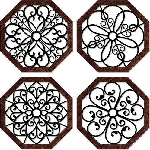 Vista 11 de Yulejo 4 piezas de decoración de pared rústica engrosada para cocina de granja, arte de pared redondo de madera con diseño tallado en relieve, arte