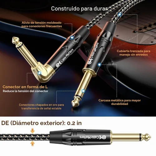 Vista 6 de Cable Matters Paquete de 2 cables trenzados para guitarra eléctrica TS en ángulo recto de 1/4 de pulgada, cable de guitarra recto a recto, cable