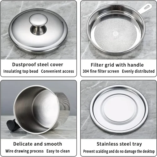 Vista 6 de Berglander Recipiente de grasa de tocino con colador de 47 oz/1.4 L, recipiente de almacenamiento de aceite de acero inoxidable con filtro de malla