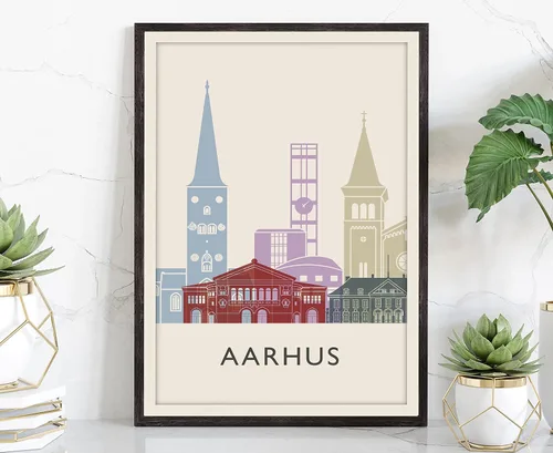 Póster de ilustración de Aarhus, póster de horizonte de Aarhus Dinamarca, impresión de paisaje urbano y punto de referencia de Aarhus, ilustración