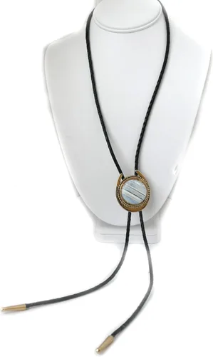 Vista 2 de A Beautiful 30 mm Turkish Opal Cabochon Sits in this Horse Shoe Schaped Bolo Tie with Black Leather Cord and Ribbed Tips