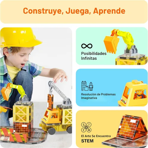 Vista 4 de PicassoTiles Azulejos Magnéticos de Construcción Temáticos Bloques de Construcción 5-en-1 Grúa, Escalera, Camión Volquete, Excavadora