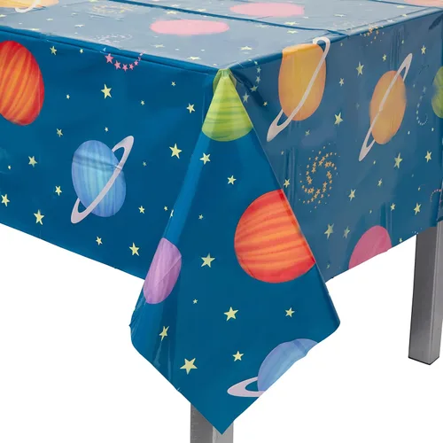 Vista 3 de Paquete de 3 manteles de plástico para el espacio exterior, fundas desechables de mesa de planetas para decoraciones de fiesta de cumpleaños
