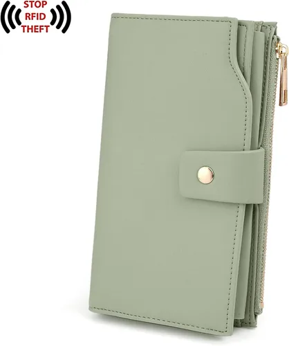 Vista 8 de UTO Cartera de cuero vegano para mujer, cartera larga con broche de presión, tarjetero de crédito, elegante embrague