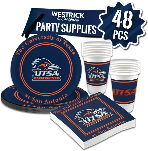 UTSA Roadrunners Party Supplies - Juego de 48 piezas con licencia oficial: vasos de plástico para bebidas de 16 onzas, platos de papel de 9