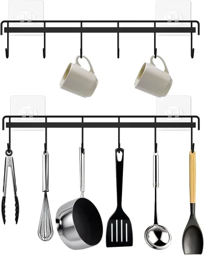 Utensil Hooks Wall Utensil Holder Rail with 6 Hooks Kitchen Utensils Hanger No Drilling Wall Mounted Adhesive Utensil Hooks for Kitchen, Bathroom,