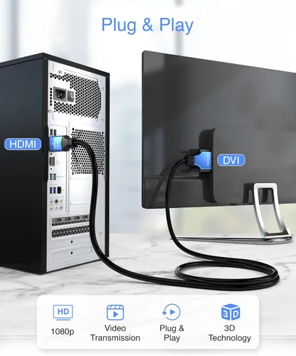 Vista 4 de BlueRigger Cable adaptador DVI a HDMI de 3 pies (alta velocidad, bidireccional, chapado en oro macho a macho, 1080p) - Cable HDMI a DVI