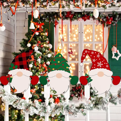 Vista 5 de 3 piezas de decoración de valla de Navidad, decoración de gnomos para jardín con manos, letrero para invierno, Navidad, jardín, patio, decoración