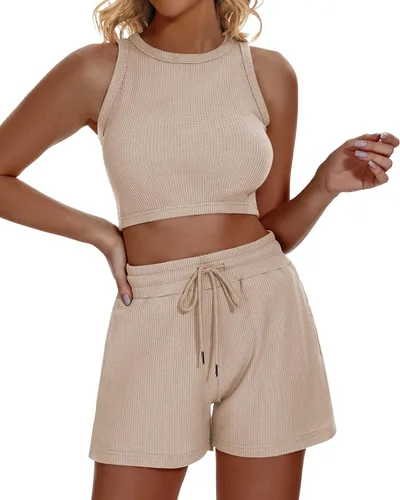 Vista 2 de Funlingo Conjunto de pijama de 2 piezas para mujer, de punto gofre, sin mangas, de verano, 2023