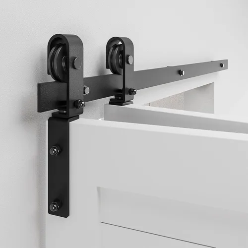Vista 9 de Kit de riel de herrajes para puerta corrediza plegable de granero de 24", suave y silencioso, rodillo negro montado lateralmente, fácil de instalar
