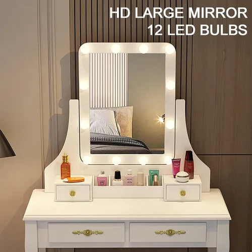 Vista 4 de Juego de tocador, tocador de maquillaje con taburete acolchado, mesa de tocador, espejo giratorio rectangular, 4 cajones, para dormitorio, vestidor