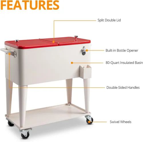 Vista 3 de Hielera con ruedas de 80 cuartos de galón de acero inoxidable con rueda y asa, enfriador de pie para bebidas, barra de bebidas, conveniente