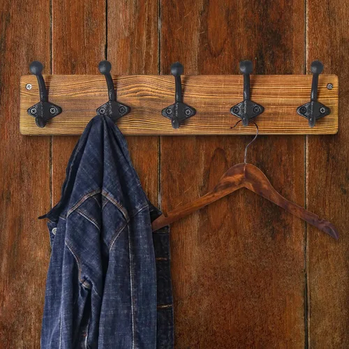 Vista 9 de WEBI Perchero rústico de montaje en pared, 5 ganchos de hierro fundido montados en pared, perchero colgante de servicio pesado, ganchos antiguos