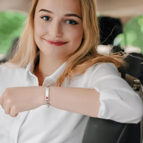 Vista 4 de mnmoom Pulseras de alerta médica para mujer, pulseras de identificación médica de corazón de acero inoxidable con grabado gratuito