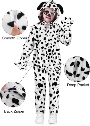 Vista 5 de AOTHSO Conjunto de 6 piezas de disfraz de perro dálmata de Halloween para niños y niñas, disfraz de una pieza, guantes y corbatín