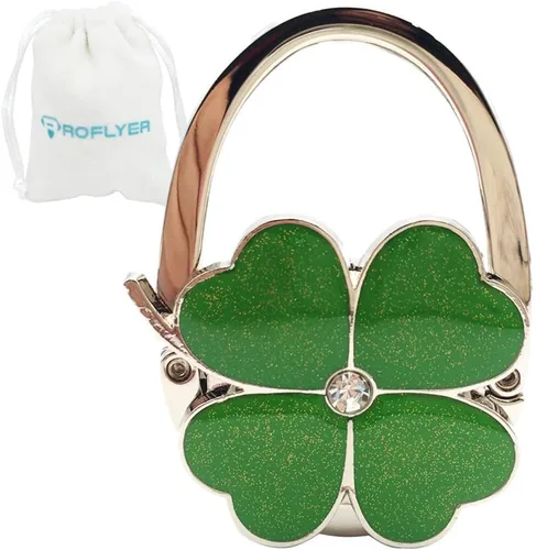 Vista 11 de Percha plegable para bolsa de mano con diseño de trébol de cuatro hojas, gancho para bolso plegable para mesa (negro)