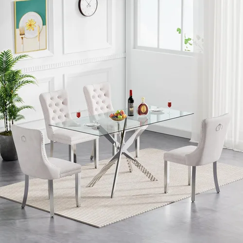 Vista 29 de SSLine Moderno juego de mesa de comedor de cristal dorado de 5 piezas para 4 mesas de cocina y sillas rectangulares de lujo de vidrio para 4, mesa