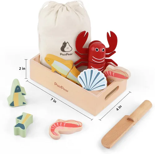 Vista 4 de PairPear Conjunto de Comida de Juguete de Madera para Cortar Mariscos - Comida de Juguete de Madera para Niños Pequeños Juego de Simulación