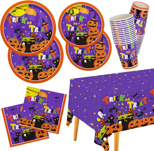 Kit de suministros para fiesta de Halloween para 25, diseño de calabaza de bruja de Halloween, incluye platos llanos desechables, platos de postre,